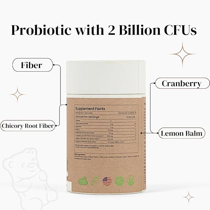 Probiotic 2B CFUs with Fiber + Lemon Balm + Chicory Root Fiber - Debloat Gummies (Vegan Probiotic Gummies)