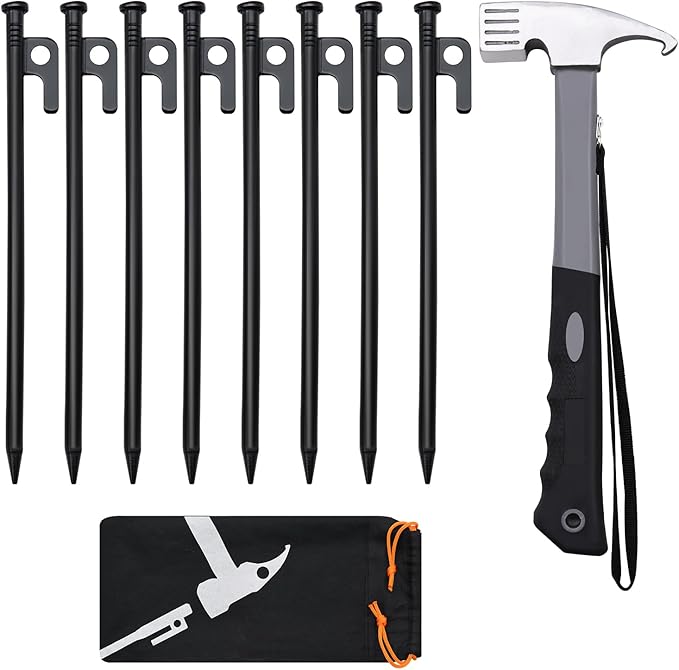 8pcs Tent Stakes and Hammer Set, 12in Heavy Duty Forged Steel Tent Stakes + Camping Hammer + Storage Pouch, Available in Rocky Place (8pcs 12in Stake+Hammer)