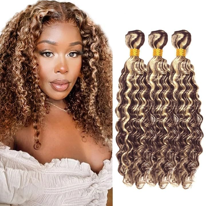P4/613 Bundles Human Hair Blonde Deep Wave Human Hair Bundles Brazilian Virgin Hair 3 Bundles 8 8 8 Inch Two Tone Brown Mixed With Blonde Bundles Blonde Deep Wave Bundles Hair Weave