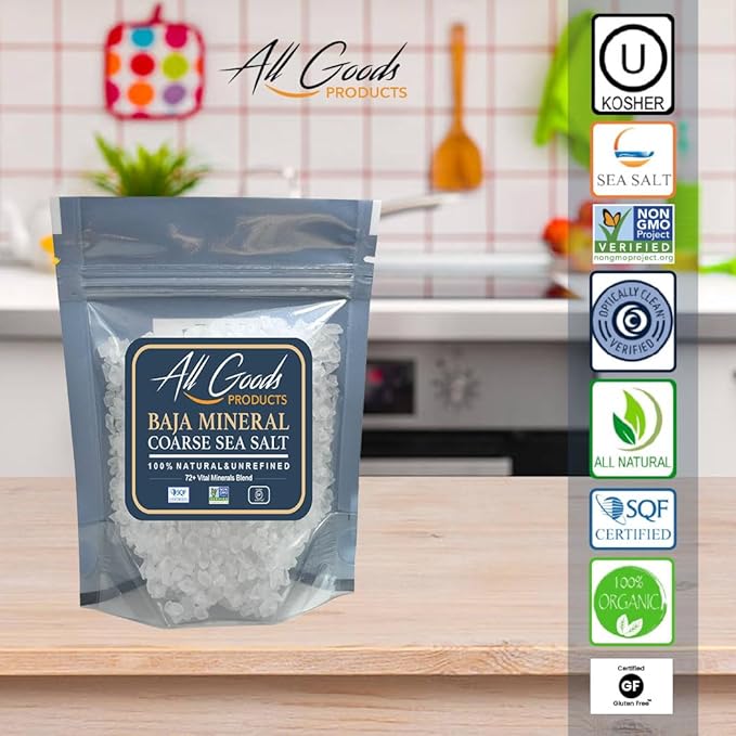 All Goods Products Baja Mineral Coarse Grain Sea Salt, 8 oz Natural Salt from Mexico, Unrefined, Hand-Harvested, Loaded With 72+ Essential Minerals, Kosher, 30% Low Sodium.
