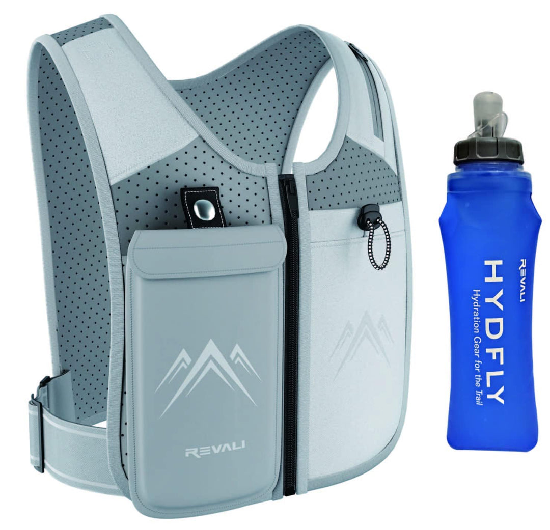 REVALI Running Vest, USA Original Patent, Zip Reflective Running Vests with 500ml Hydration Bottle, Adjustable Waistband & Breathable Material, Chest Pack Gear Phone Holder for Running, Men & Women