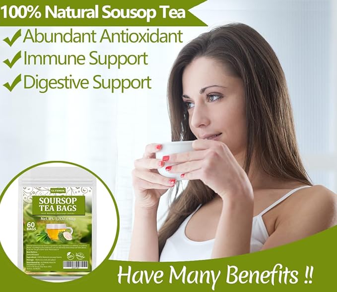 Premium 60 Soursop Tea Bags, Made with 100% Natural Graviola Leaves, Hoja Guanabana Tea, No Additives & Caffeine Free.