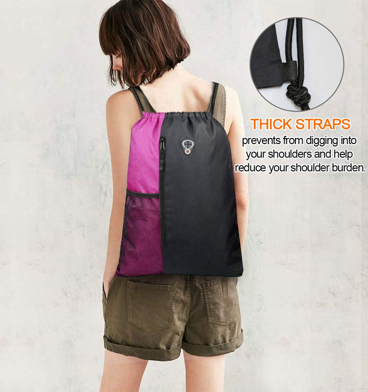 BeeGreen Sports Bag Drawstring Backpack With Water Bottle Pocket &Front Zippered Pocket Large String Bag Pack For Men Women
