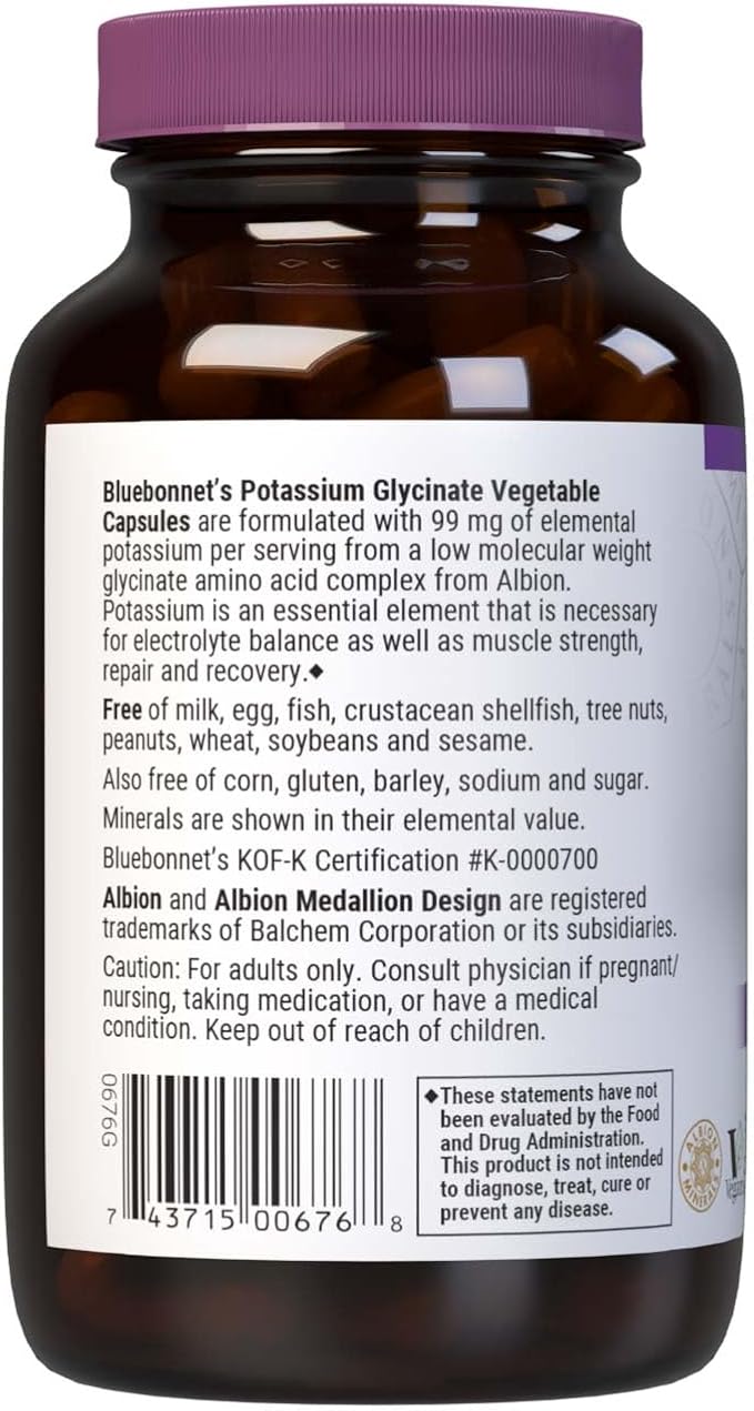 BlueBonnet Albion Potassium Glycinate Vegetarian Capsules, 99 mg, 90 Count