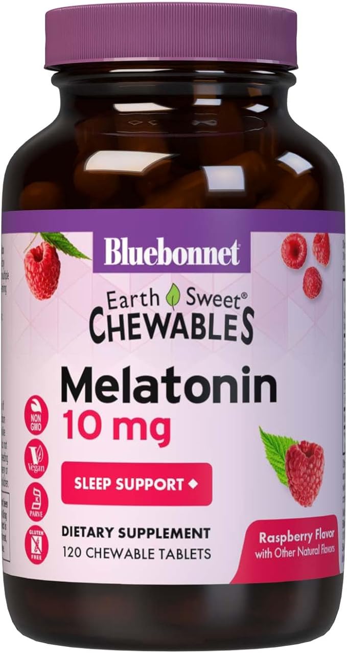 BlueBonnet Nutrition EarthSweet Melatonin 10 mg Fast-Acting Quick Dissolve Nighttime Relaxation & Restful Sleep Support - Sleep Aid - Gluten-Free, Vegan - Raspberry Flavor - 120 Chewable Tablets