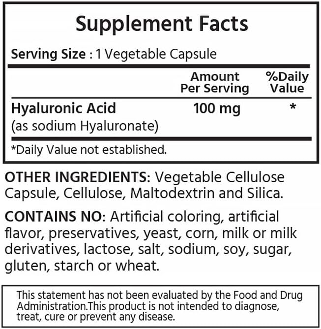 Premium Hyaluronic Acid 100 mg 120 Vegetable Capsules, One a Day (4 Month Supply), Premium Quality.
