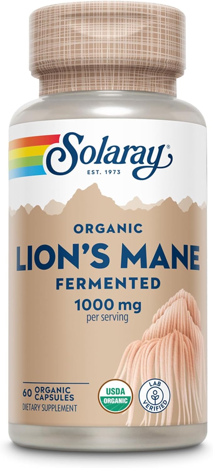 SOLARAY Organic Lions Mane Supplement Capsules - Providing 1000 mg of Lion's Mane Organic Mushrooms, Fermented for Enhanced Absorption - Vegan, 60-Day Guarantee, Lab Verified, 30 Servings, 60 VegCaps