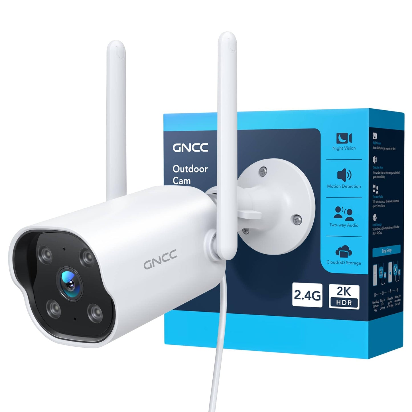 GNCC GT1Pro 2K Outdoor Security Camera, CCTV Camera for Home, IP65 Weatherproof, Night Vision, AI Motion Detection, Siren Alarm, 2-Way Audio, Works with Alexa & Google, 2.4GHz WiFi, Wired 9.8 FT / 3m