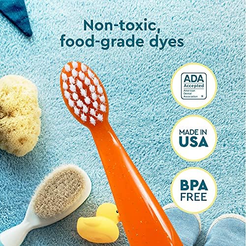 RADIUS Children's Toothbrush, Totz Brush, Extra Soft Bristles, Blue/Green/Yellow, BPA Free & ADA Accepted, Designed for Delicate Teeth & Gums for Children 18 Months & Up, Pack of 3