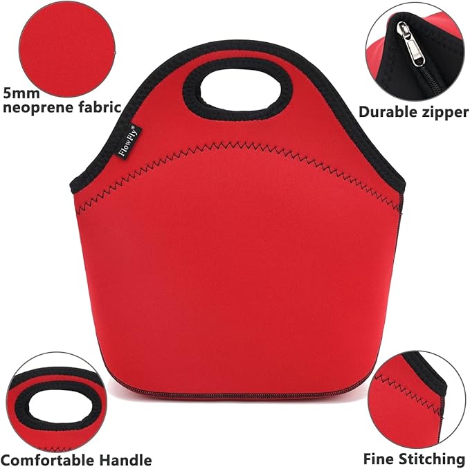 FlowFly Neoprene Lunch Tote Insulated Thermal Reusable Lunch Bag Box for Boys Men with Zipper (Red)