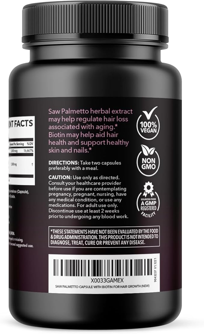 Saw Palmetto for Women with Biotin 5000mcg - Powerful DHT Blocker to Support Hair, Skin, and Nail Health - 120 Count - Vegan, Non-GMO Vitamin for Stronger, Fuller Looking Locks - 2 Month Supply