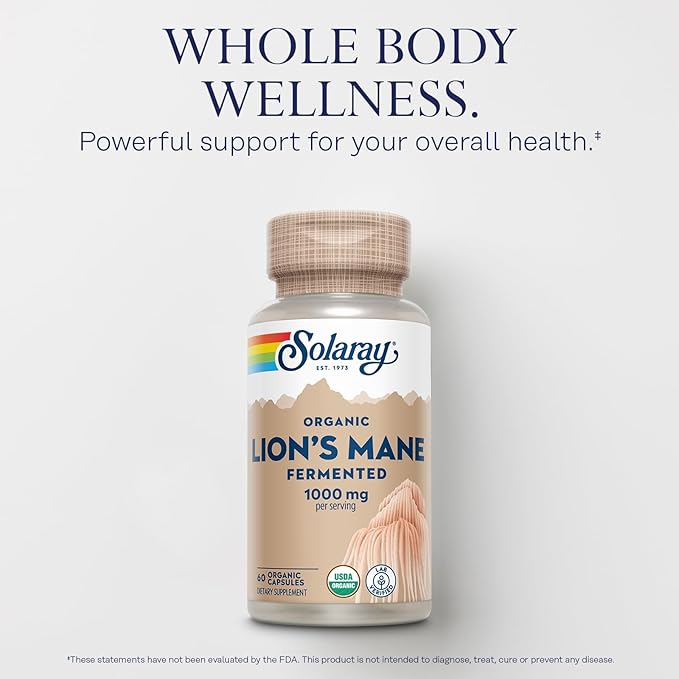 SOLARAY Organic Lions Mane Supplement Capsules - Providing 1000 mg of Lion's Mane Organic Mushrooms, Fermented for Enhanced Absorption - Vegan, 60-Day Guarantee, Lab Verified, 30 Servings, 60 VegCaps