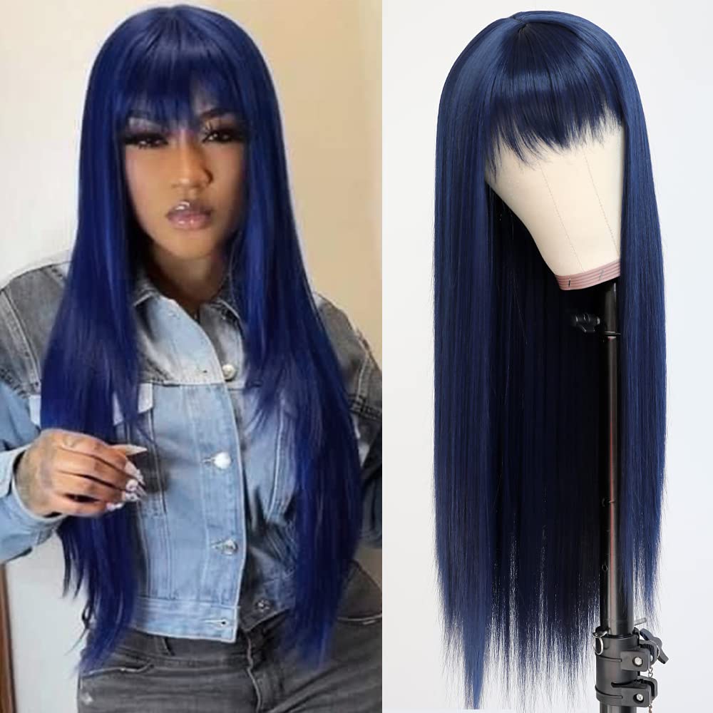 Qd-Tizer Dark Blue Synthetic Hair Wigs With Full Bangs Blue Long Straight Women'S Wig Heat Resistant Synthetic No Lace Wigs For