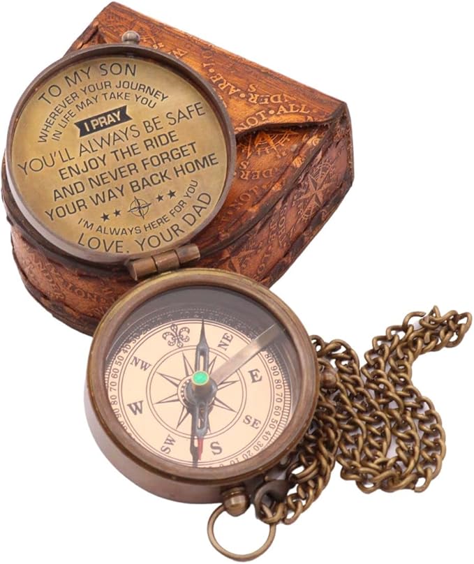 RII Pocket Brass Compass, Nautical Navy Compass for Camping, Travelling, Hiking, Boating, Gift Compass for Graduation, Wedding, Birthday, Anniversary, Dad to Son/Grandson with Imprinted Leather Case