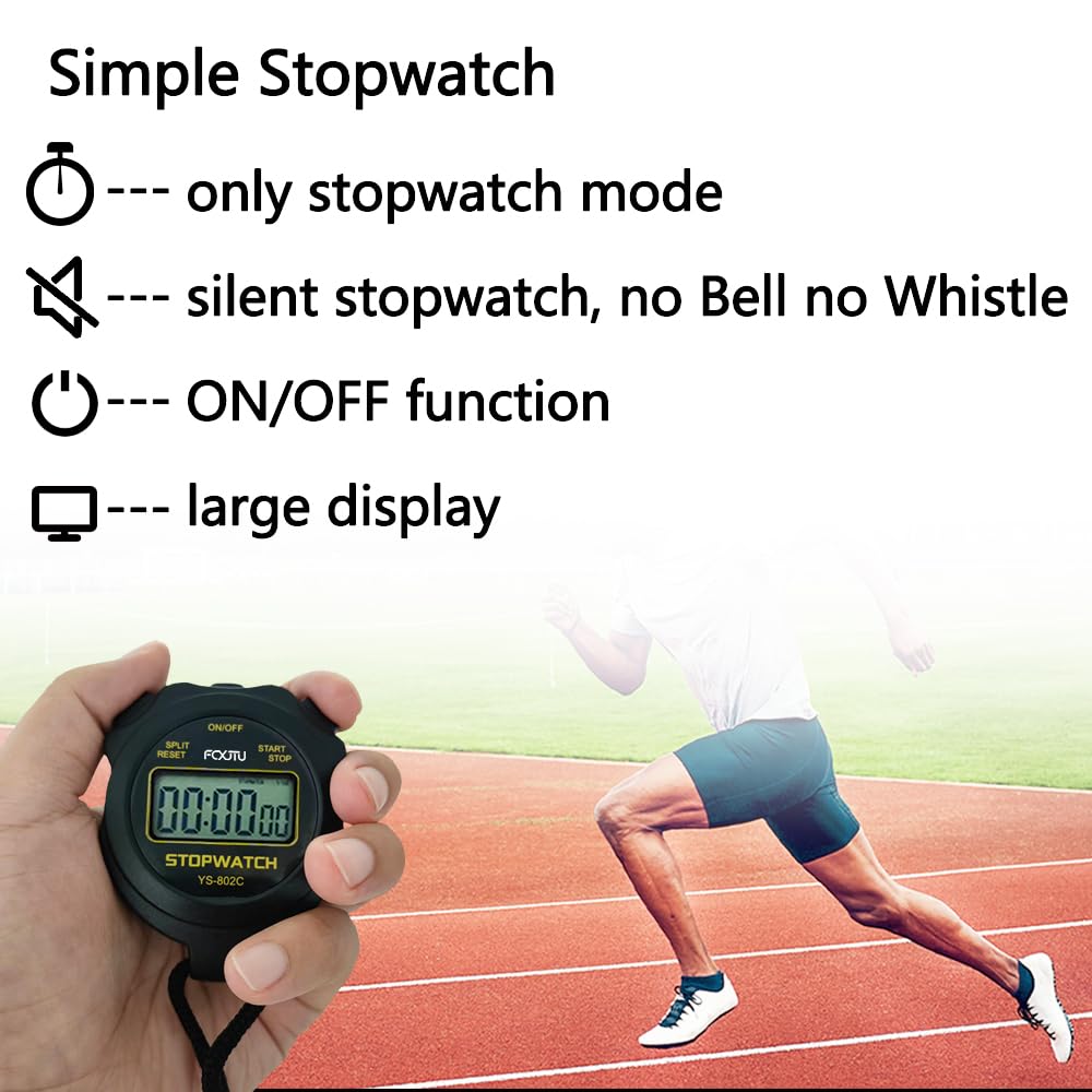 FCXJTU Simple Digital Sports Stopwatch Timer, No Bells, No Clock, No Alarm, Simple Basic Operation, Silent, ON/Off, Pure Stopwatch for Swimming Running Training Kids Coaches Referees Teachers (Black)