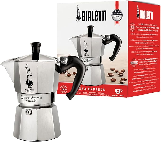 Moka Express: Iconic Stovetop Espresso Maker, Makes Real Italian Coffee, Moka Pot 3 Cups (4.4 Oz - 130 Ml) , Aluminium, Silver
