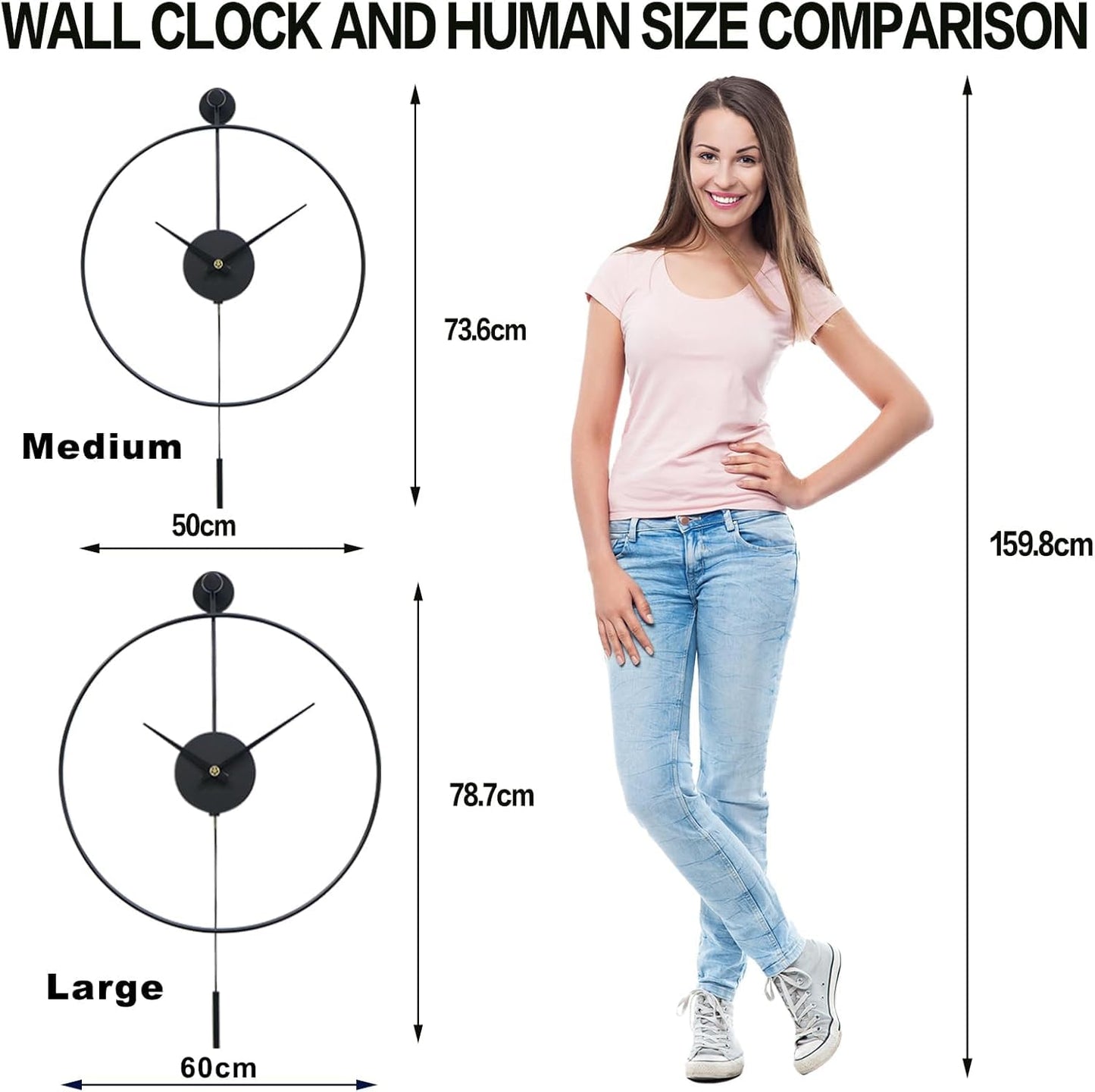 Classical Large Decorative Wall Clock with Pendulum, Modern Non-Ticking Silent Metal Wall Clocks for Living Room, Bedroom, Study, Office,20‘’