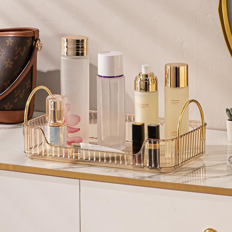 Bathroom Organiser Countertop Vanity Tray, Skincare Makeup Shelf for Cosmetics, Toiletries, Lotions, Perfumes (1 Tier, Amber)