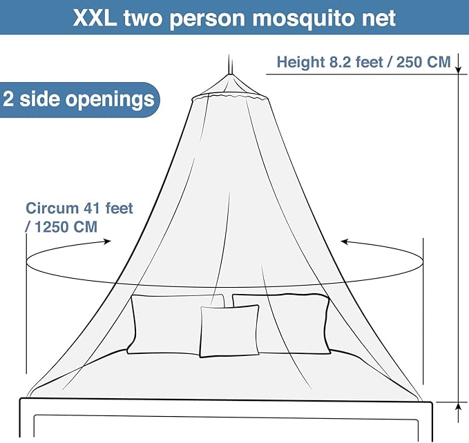Mosquito Net for Single to King-Sized Beds – 2 Openings or Fully-Enclosed Bed Canopy – Conical Design for Decoration or Travel – Free Bag & Hanging Kit for Easy Setup