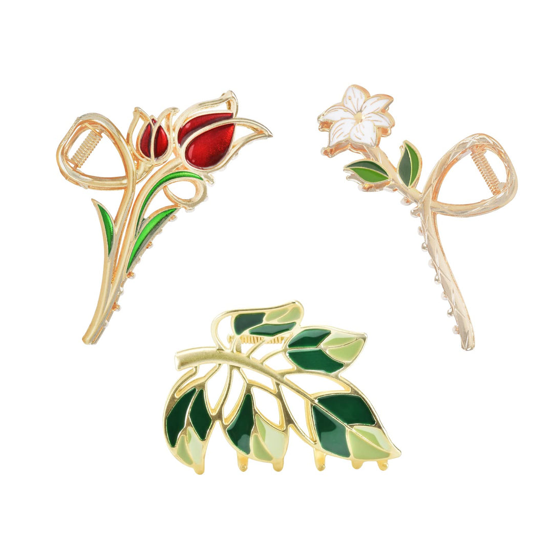 Yonchic 3-Piece Floral Metal Hair Accessories: Lily Leaves Tulip Barrettes, Strong Hold Non-Slip Hair Clamps for Thin/Medium Thick Hair