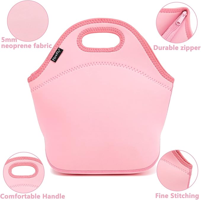 FlowFly Neoprene Kids Lunch box Insulated Soft Bag Mini Cooler Thermal Meal Tote Kit for Boys, Girls,Men,Women,School,Work, Office, Pink