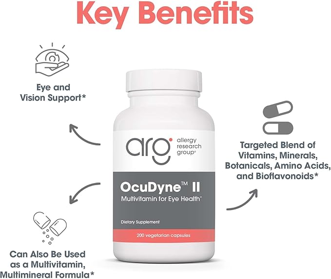 Allergy Research Group OcuDyne II Supplement - Eye Support Vitamins for Vision, Eye Health for Adults, Vision Support, Multivitamin Formula, QuatreActiv Folate, FloraGLO Lutein - 200 Count
