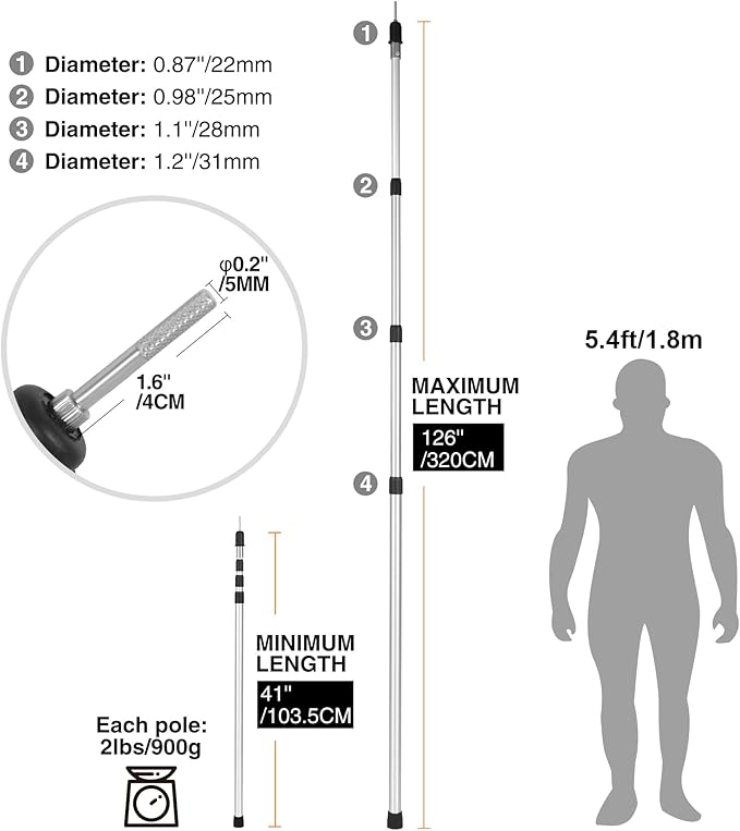 REDCAMP Aluminum Adjustable Camping Tarp Poles, Extra Tall Portable Canopy Poles, 41in to 126in Telescoping Heavy Duty Tent Poles for Shelter, Hammock Rain Fly, Awning, (Silver, Set of 2)