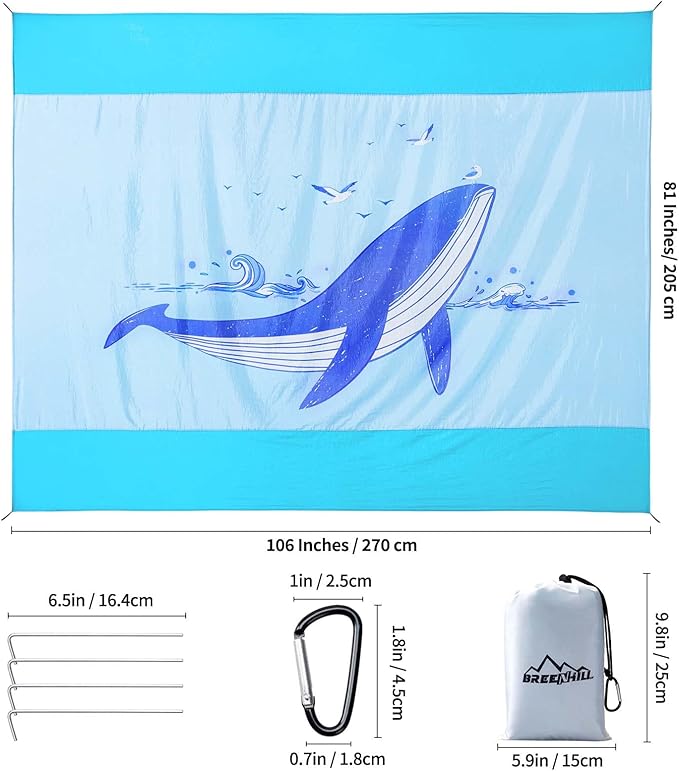 Large Beach Blanket Oversized Beach Mat Intimate Choice of Beach Accessories for Outdoor Travel Camping Hiking Good Gift (XL-BlueWhale)