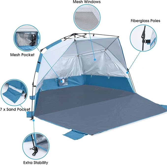 Beach Tent Instant Pop up Sun Shade Shelter for 4-6 Person with UV Protection，Extended Floor，3 Mesh Roll Up Windows with Carry Bag, Sandbags, Stakes(Turquoise)