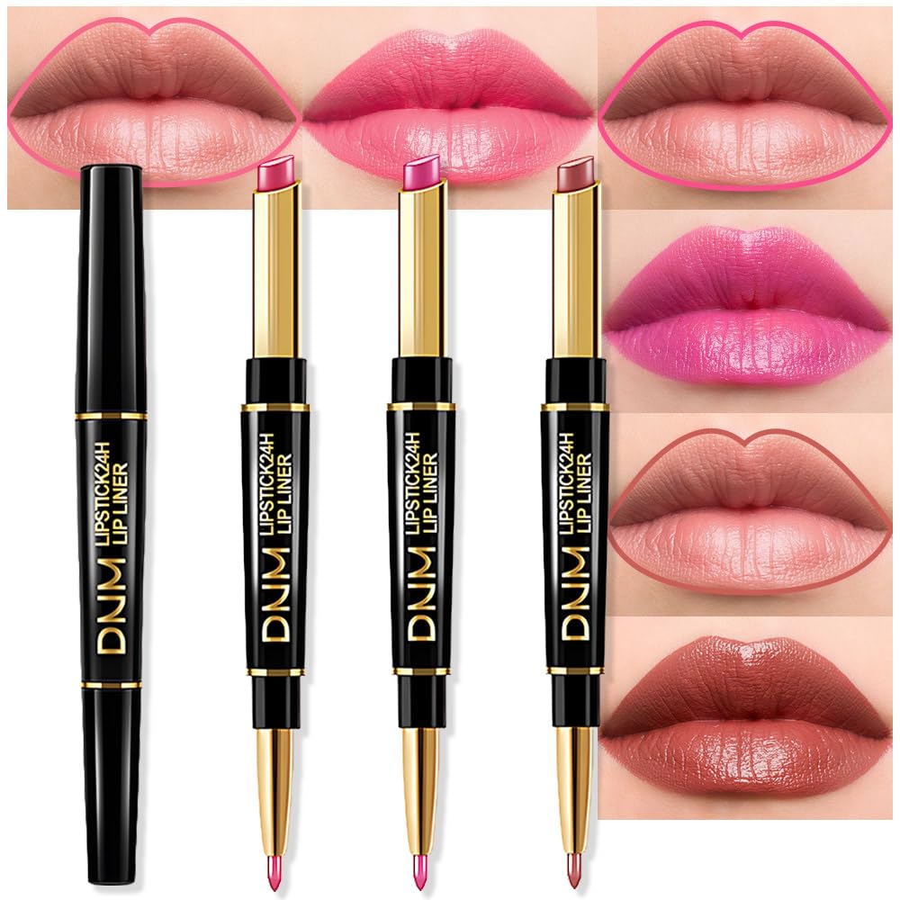Evpct Dnm 3Pcs Mauve Warm Bright Pink Red Shine Lip Liner And Lipstick Combo Set Kit For Women, Moisturizing Glossy Tinted Lip S