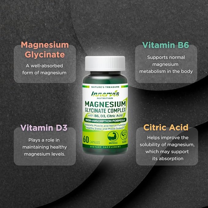 Magnesium Glycinate Complex 60 Capsules with Vitamin B6, D3, Citric Acid Supplement for Muscle, Bones, Sleep, Energy