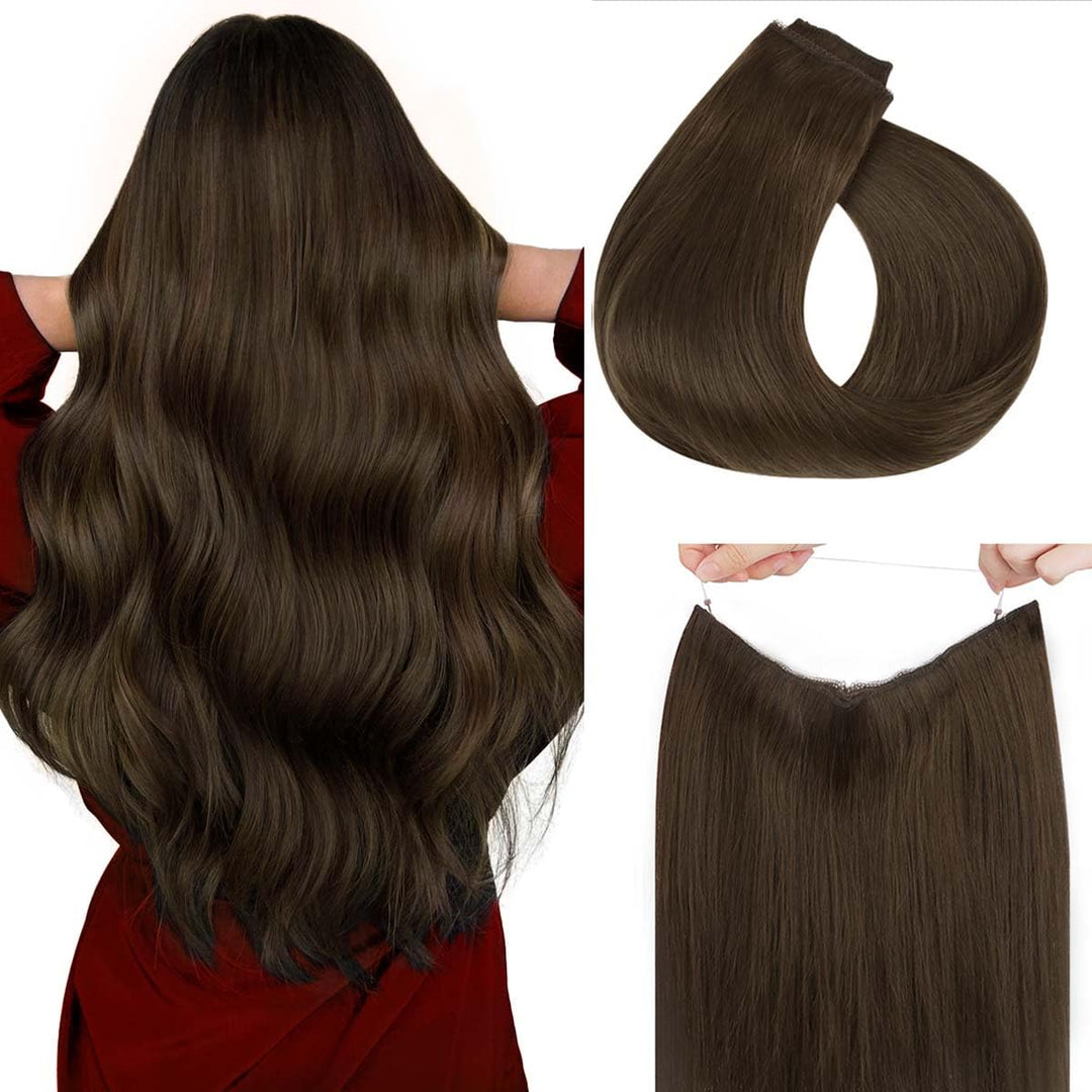Hotbanana Wire Hair Extensions, 20 Inch 110G Chocolate Brown Fish Line Hair Extensions Real Human Hair Straight Invisible Wire H