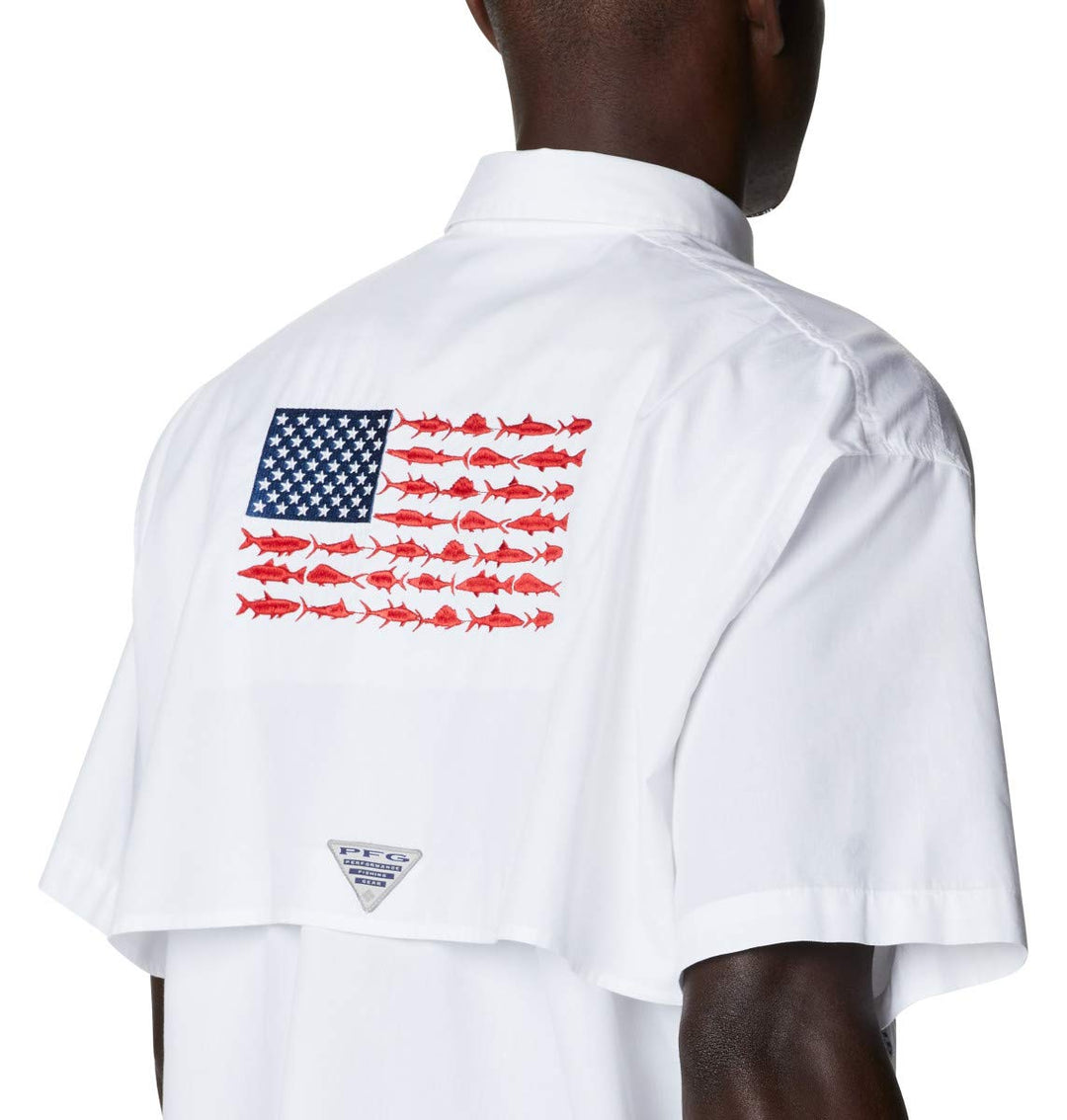 Columbia Men's Bonehead Icon Short Sleeve Shirt, White/USA Fish Flag Graphic, X-Large