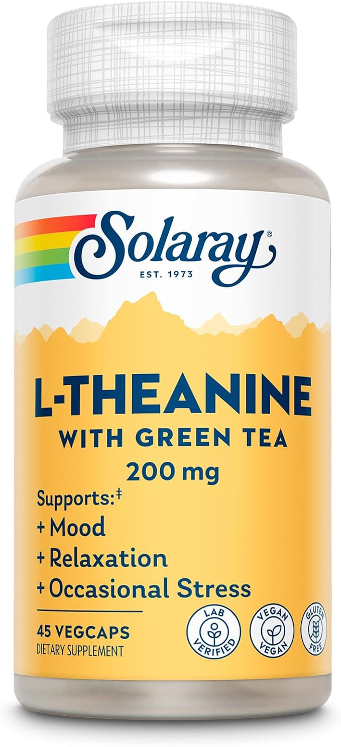 SOLARAY L-Theanine - 45 VegCaps - 200 mg + 100 mg Green Tea Leaf