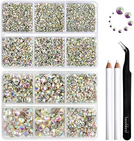 Beadsland 8300PCS Flatback Rhinestones, AB Crystal Rhinestone Round Crystal Rhinestones for Crafts, Mixed 10 Sizes with Wax Pencil and Tweezer Kit, SS3-SS30, Crystal AB