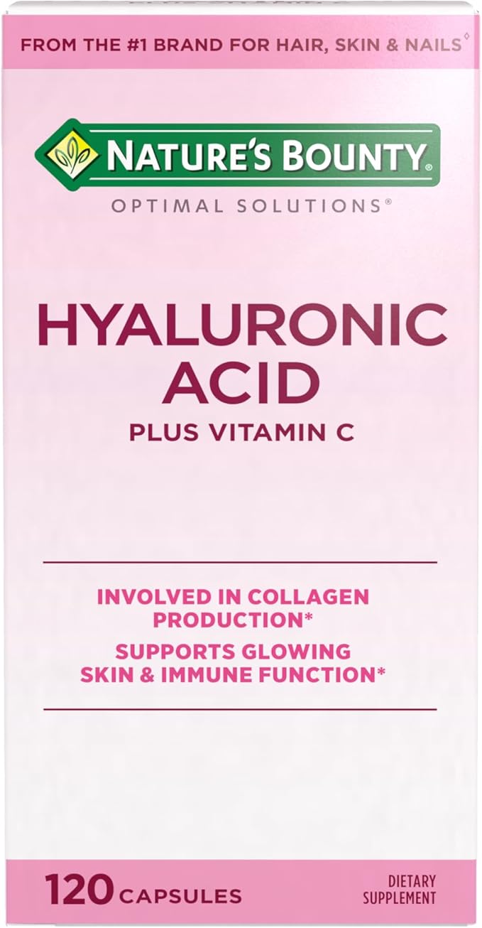 Nature's Bounty Vitamin C and Hyaluronic Acid Supplement, Supports Glowing Skin, Immune Function & Collagen Production, 120 Capsules - 60 Day Supply, Optimal Solutions Supplements for Skin Health