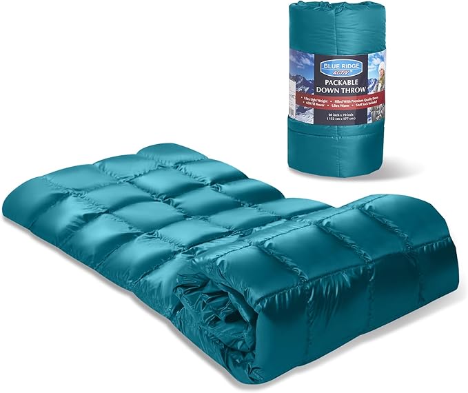 Blue Ridge Home Fashions Down Throw Camping Blanket - Packable Lightweight Down Throw Blanket for Outdoor Travel Hiking Picnic RV, Puffy Warm Blanket 60" x 70" with Carry Bag, 650 Fill Power