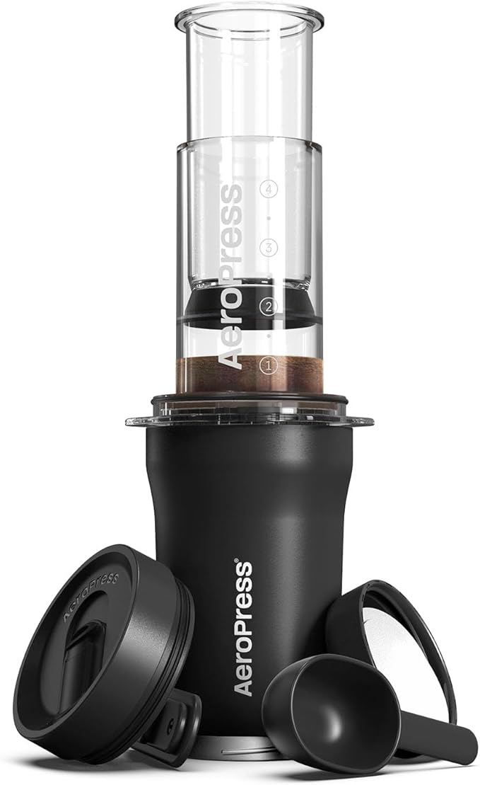 AeroPress Go Plus, Small Portable Coffee Maker for Travel & Camping - 3 In 1 Brew Method Combines French Press, Pourover, Espresso, Full Bodied Coffee without Bitterness, Coffee Press Kit - Black