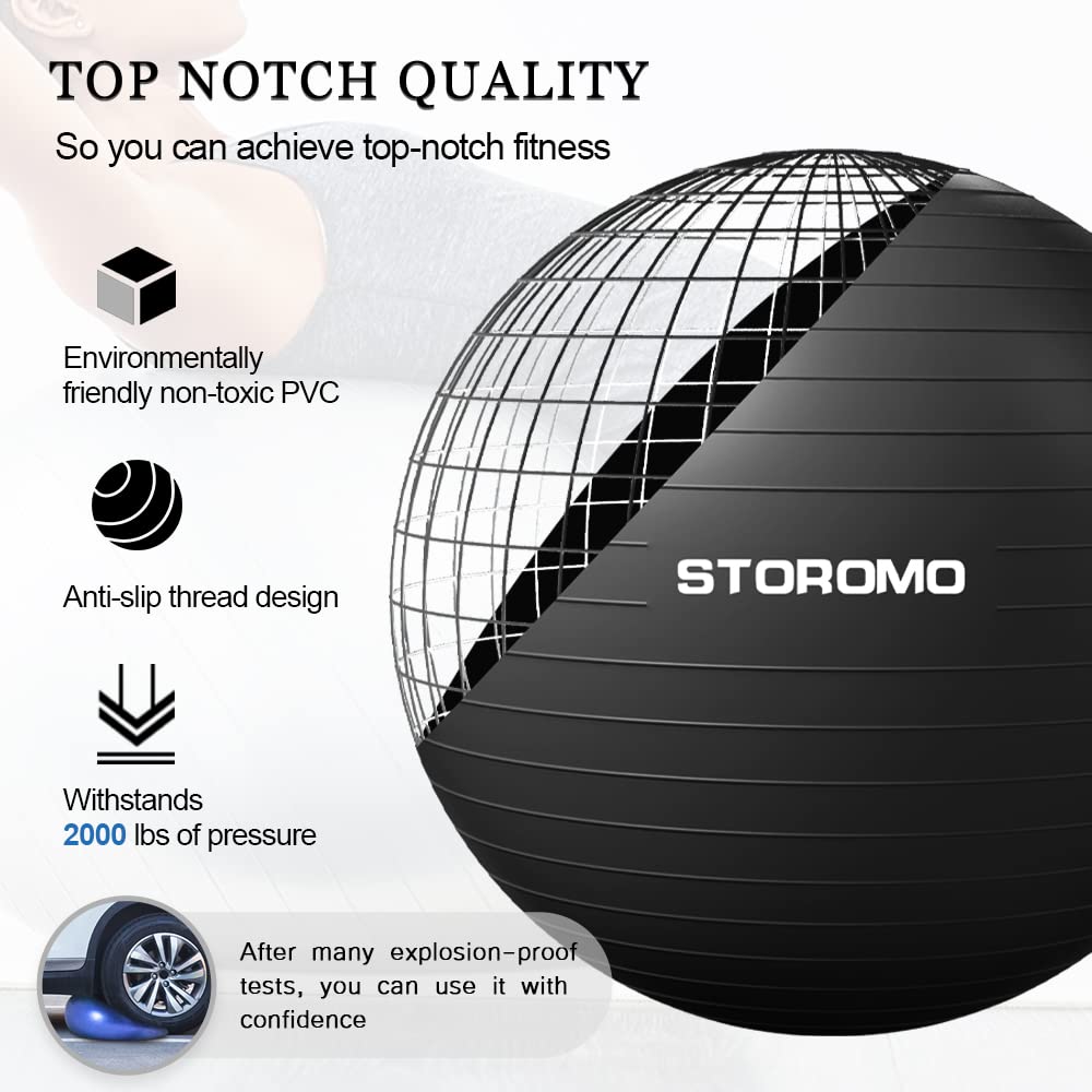 STOROMO Exercise Ball,Yoga Ball(with Exercise Tutorial)，Extra Thick Non-Slip,Holds 2500 lbs, Workout Ball for Pregnancy Birthing and Balance Stability (Black, 85cm/33.4in)