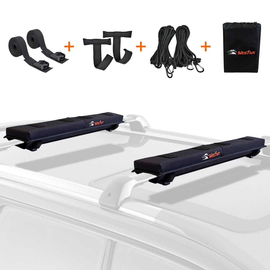 MeeFar Universal Roof Rack Pads Fit on Cross Bars - for Kayak/Surfboard/SUP/Canoe with 2 Heavy Duty Tie Down Straps, 2 Tie Down Rope, 2 Quick Loop Strap and Storage Bag