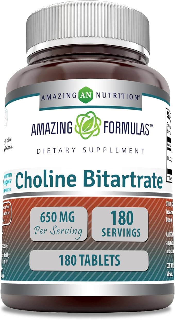 Amazing Formulas Choline Bitartrate Supplement | 650 Mg | 180 Tablets | Non-GMO | Gluten-Free | Made in USA