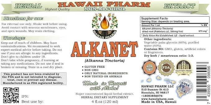 Alkanet Alcohol-Free Liquid Extract, Alkanet (Alkanna Tinctoria) Dried Root Glycerite Hawaii Pharm Natural Herbal Supplement 15x4 oz