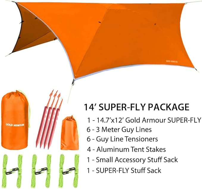 Gold Armour Rainfly Tarp for Hammock and for Tent, Camping Essentials Rain Fly Cover, Waterproof Lightweight Camping Accessories, Survival Camping Gear Camping Tent Accessories (Orange)