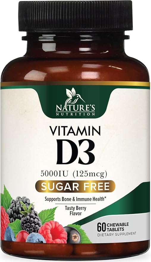 Vitamin D3 5000 IU (125 mcg) - Chewable Vitamin D Supplements for Bone, Teeth, Muscle & Immune Support, Sugar Free, Non-GMO, Gluten Free, Nature's Extra Strength D3 Vitamin - 60 Chewable Tablets