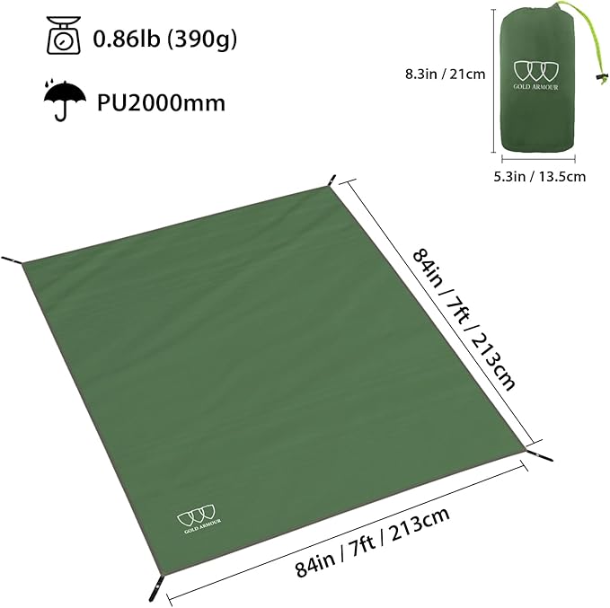 Gold Armour Tent Footprint, Camping Tarp Waterproof Ultralight - 84x60in | 84x84in | 84x96in | 82x106in | 120x108in | 120x120in | 120x144in Floor and Ground Tarps Gear Equipment (Army Green 84x84in)