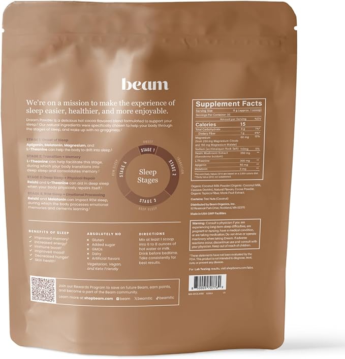 Beam Dream Sleep Powder, Natural Sleep Aid and Magnesium Hot Cocoa Drink for Adults, Calming Sleep Supplement with Apigenin, Nighttime Sleep Drink Powder, Third Party Tested Supplement, 30 Servings