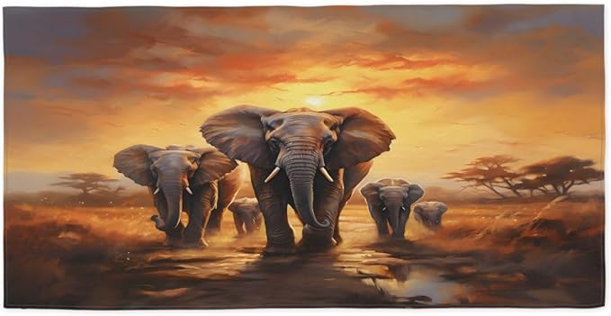 African Elephant Beach Towel Oversized Quick Dry Beach Blanket Microfiber Sand Free Absorbent Lightweight Sunset Elephant Pattern Bath Towel for Pool Travel Swimming Camping Women Men, 30" x 60"