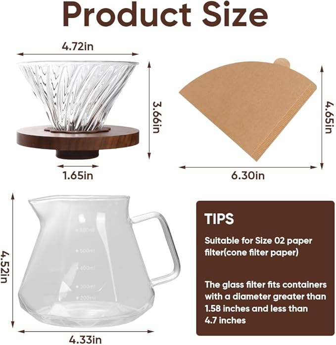 20oz Drip Coffee Maker - 600 ml Borosilicate Glass Carafe with 100 pcs V60 Paper Filter - Walnut Handle & Glass Lid for Home Café Restaurant Camping (Clear)