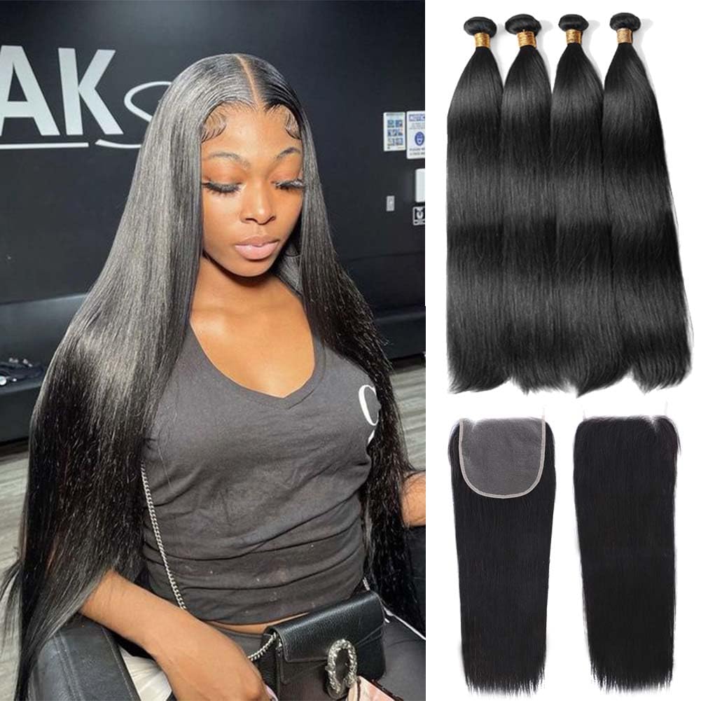 Mironica Straight Bundles With Closure Human Hair (22 24 26 28 + 20) 4 Bundles Deals With 4X4 Lace Closure Free Part 12A Brazili
