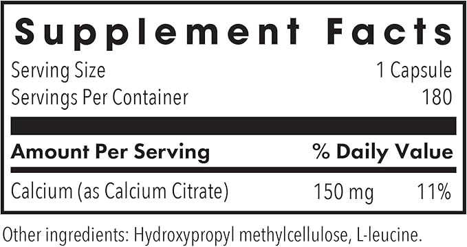 Allergy Research Group Calcium Citrate - Pure Calcium, Bone Strength, Well-Absorbed, Without Vitamin D, Calcium Only, 150mg Supplement, Vegetarian Capsules - 180 Count